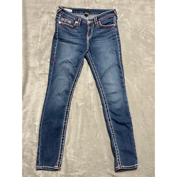 True Religion Halle Red Stitching Jeans Denim Skinny Dark Wash Women's Sz 28 - Picture 1 of 10